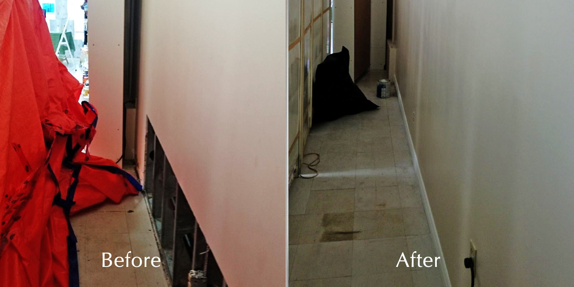 Before and After pictures of a hallway that needed wall repair