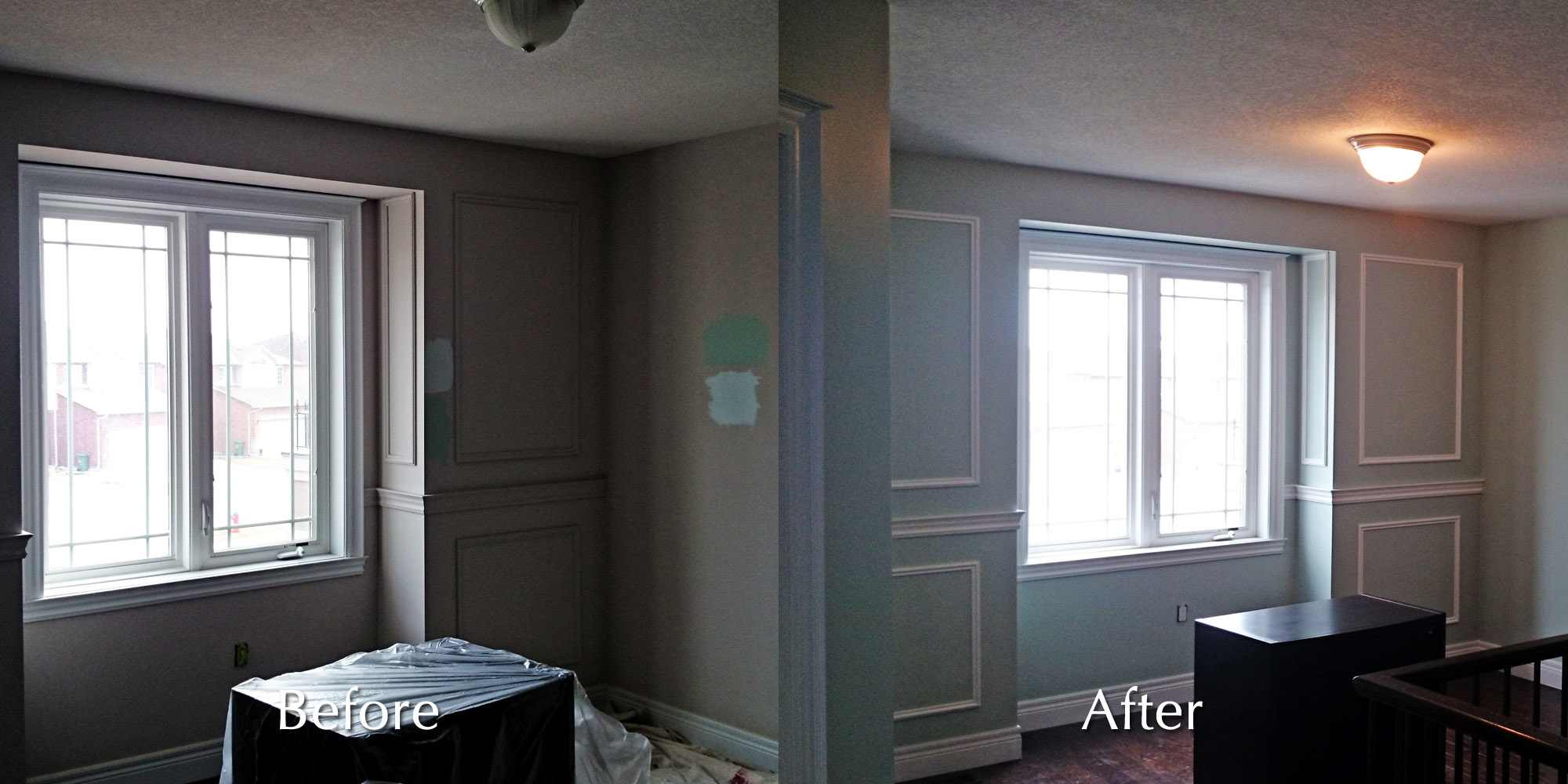 Trim and walls of a house landing painted by Moncast - Before & After
